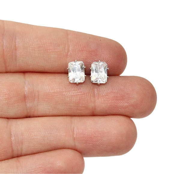 Vintage Emerald Cut Cubic Zirconia Stud Earrings Silver Tone Prong Set Studs - Picture 1 of 3